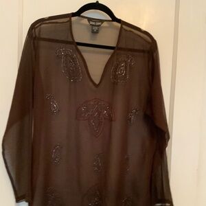 ZERO ZERO Beaded Sheer Brown Tunic, Beach CoverUp, Sz M